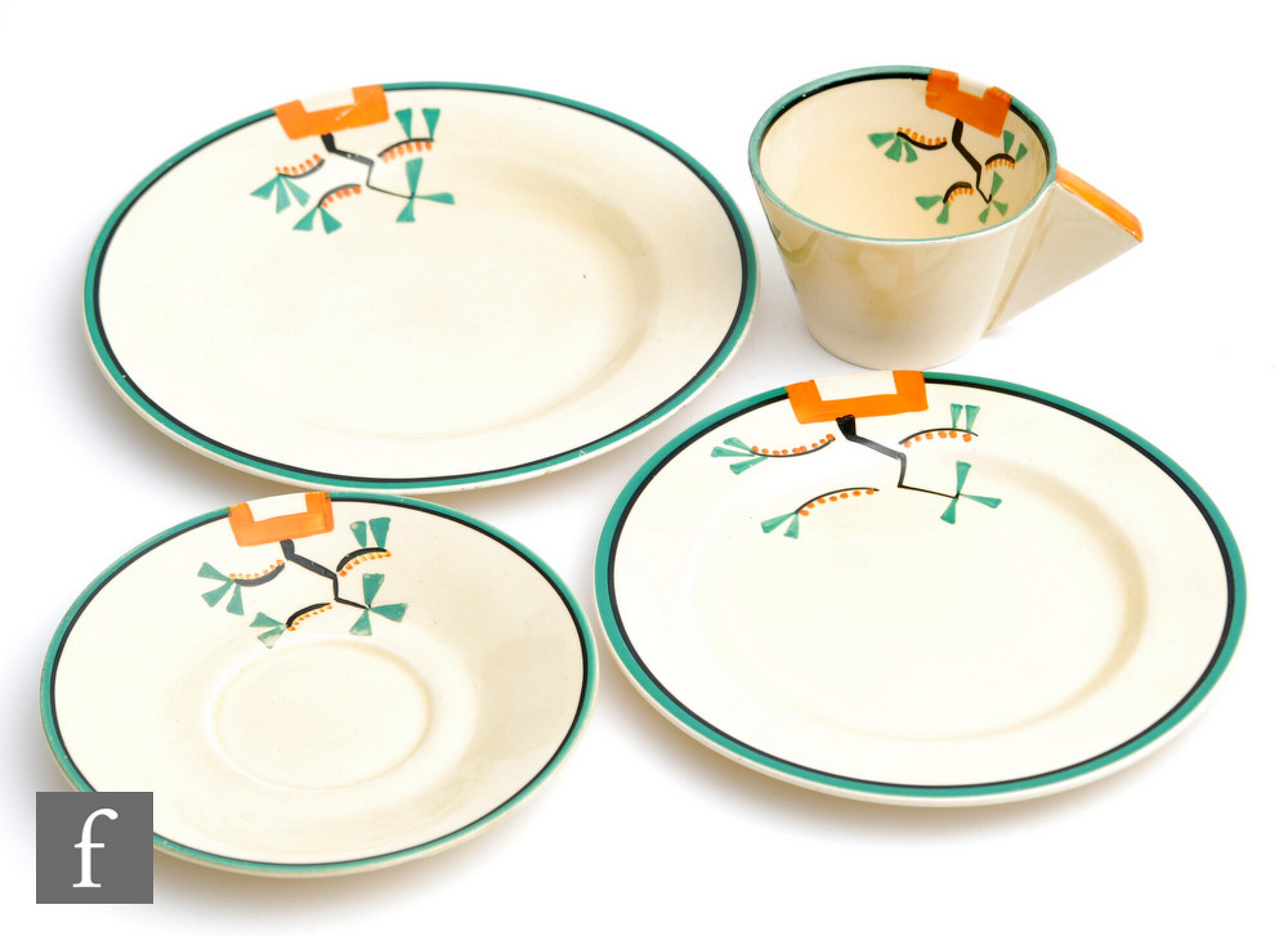 A Clarice Cliff Conical cup, saucer and side plate circa 1932, hand