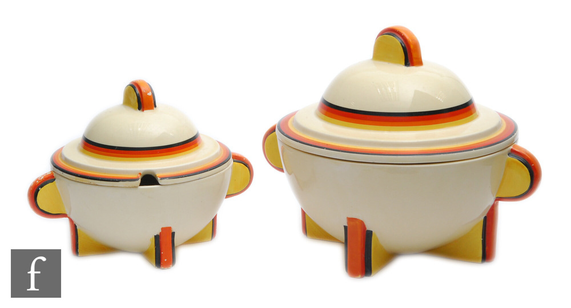 Clarice Cliff Banded A pair of graduated Odilon shape tureens